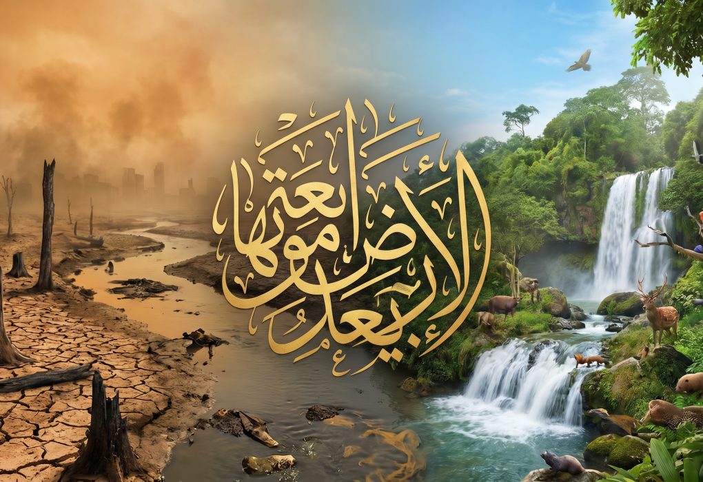 Ilustrasi konsep fikih ekologi yang membandingkan kerusakan lingkungan dengan kelestarian alam menurut syariat Islam