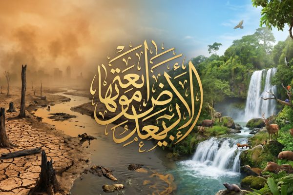 Ilustrasi konsep fikih ekologi yang membandingkan kerusakan lingkungan dengan kelestarian alam menurut syariat Islam