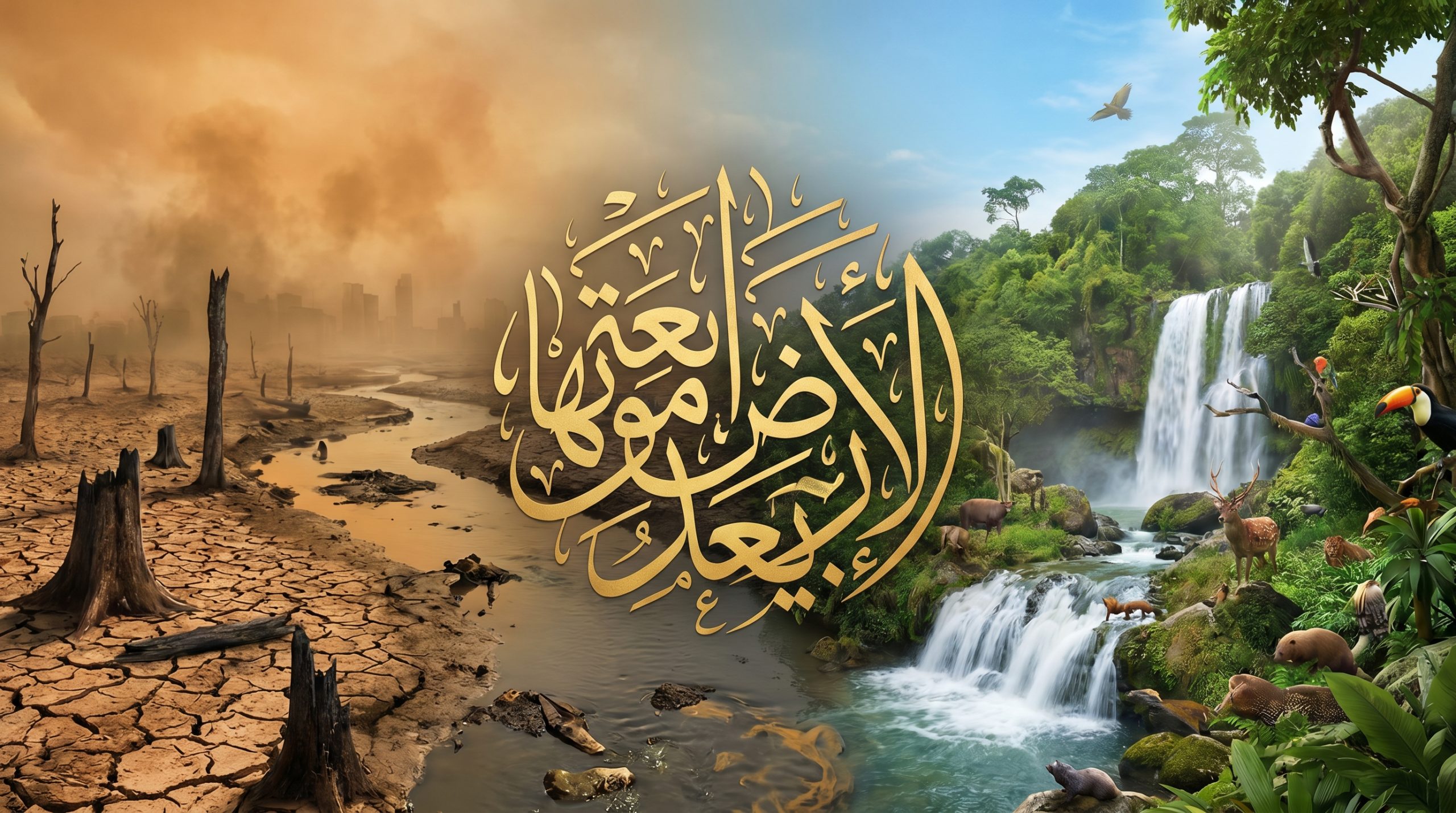 Ilustrasi konsep fikih ekologi yang membandingkan kerusakan lingkungan dengan kelestarian alam menurut syariat Islam